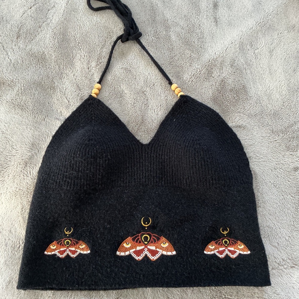 Boho Knit Halter Top w/ Moth Embroidery | Black Cropped Festival Top‎ Adjustable